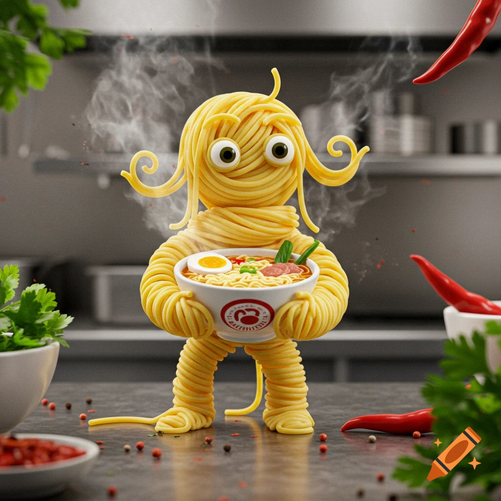 Stylized noodle character holding a steaming bowl of ramen in a kitchen, surrounded by chili peppers.