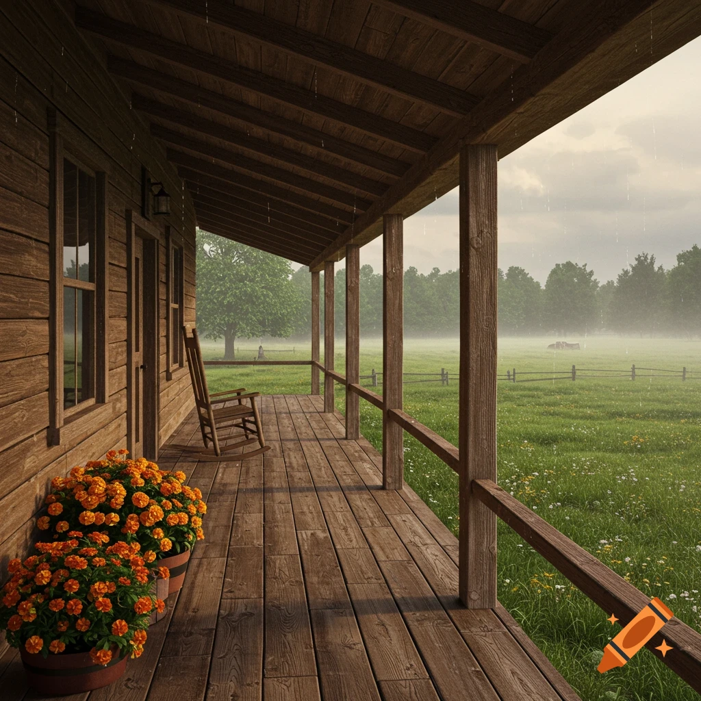 Photorealistic wooden porch of a country home with a rocking chair and orange flowers, overlooking a misty, rainy green field.