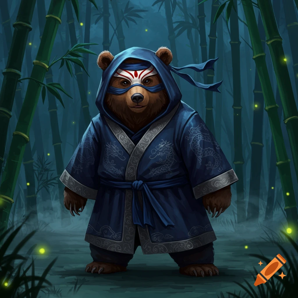 A stylized brown bear wearing a blue hooded ninja robe and a white mask with red markings stands in a dark bamboo forest with glowing fireflies.