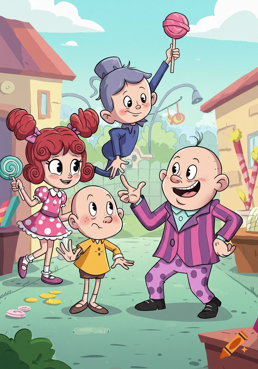 Four cheerful cartoon characters, including a girl with lollipops and a bald man, interact in a colorful town square.