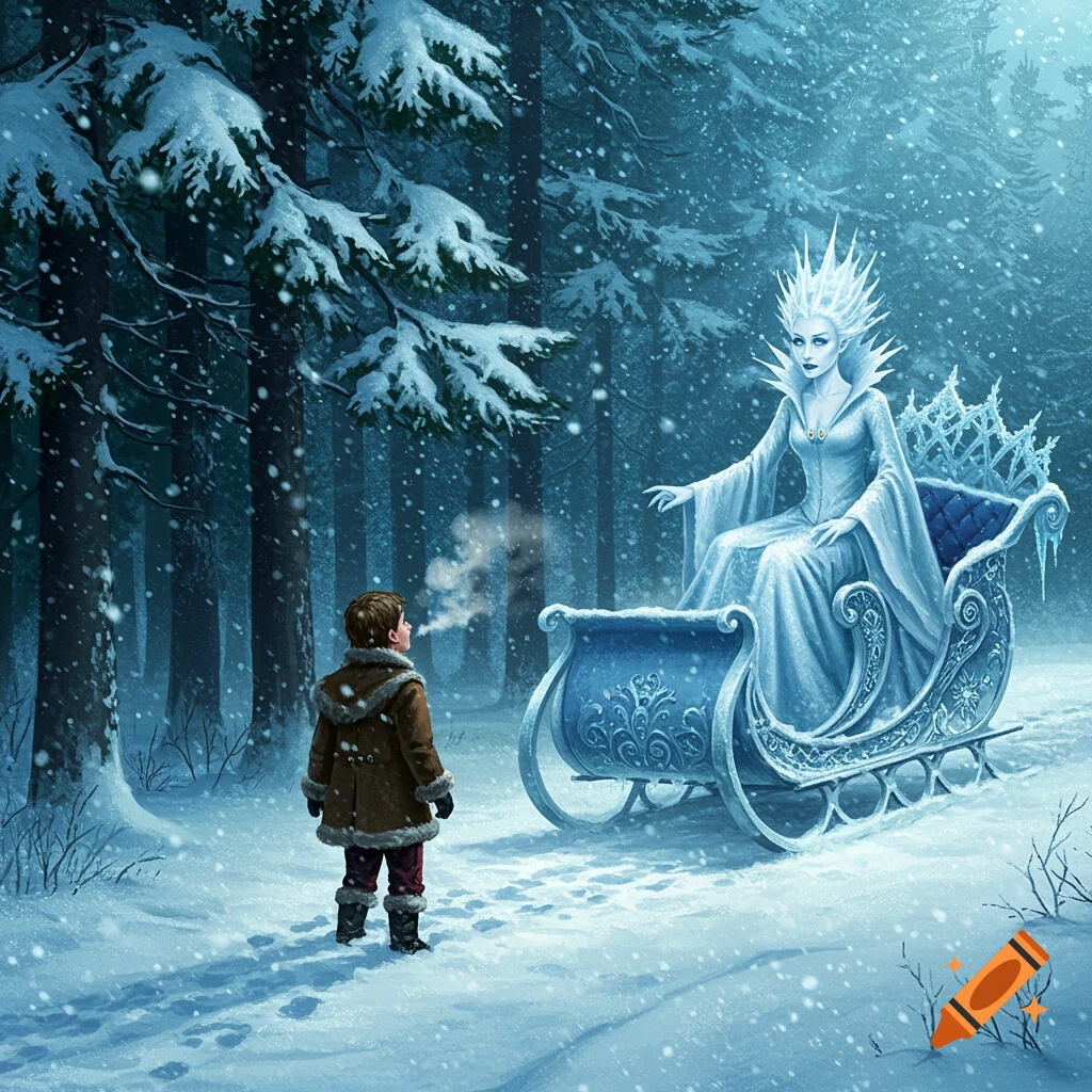 A boy in a brown coat stands in a snowy forest, looking at the regal White Witch sitting in an ornate icy sleigh.