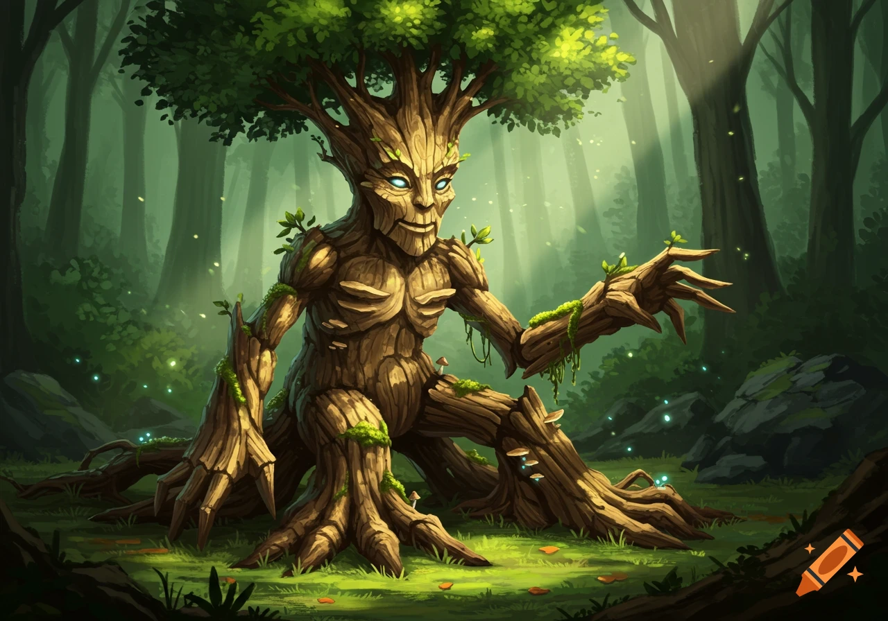 A fantasy tree creature with glowing blue eyes sits in a mystical forest, with light filtering through the canopy.