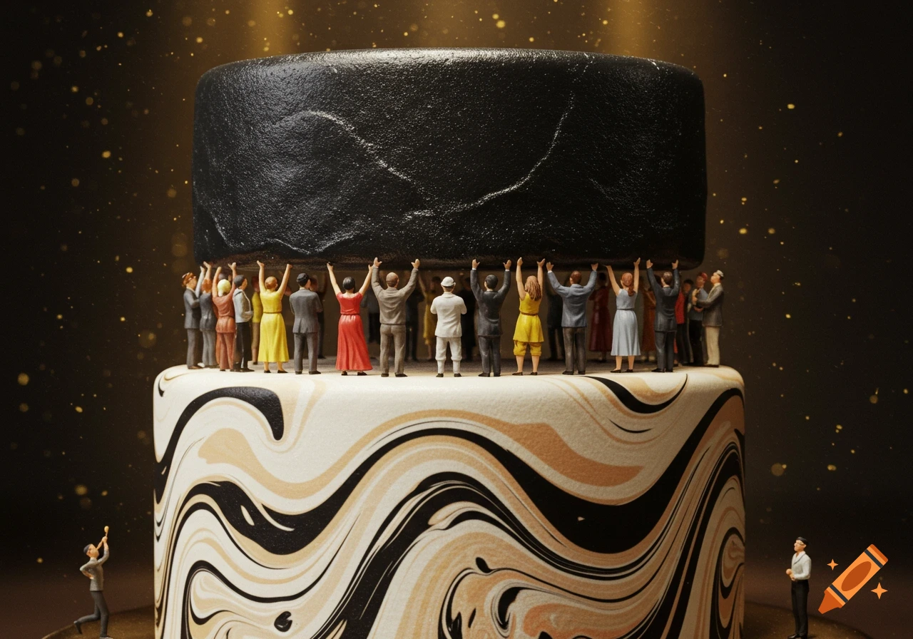 Miniature people support a huge black cake layer atop a larger, marble-patterned cake base.