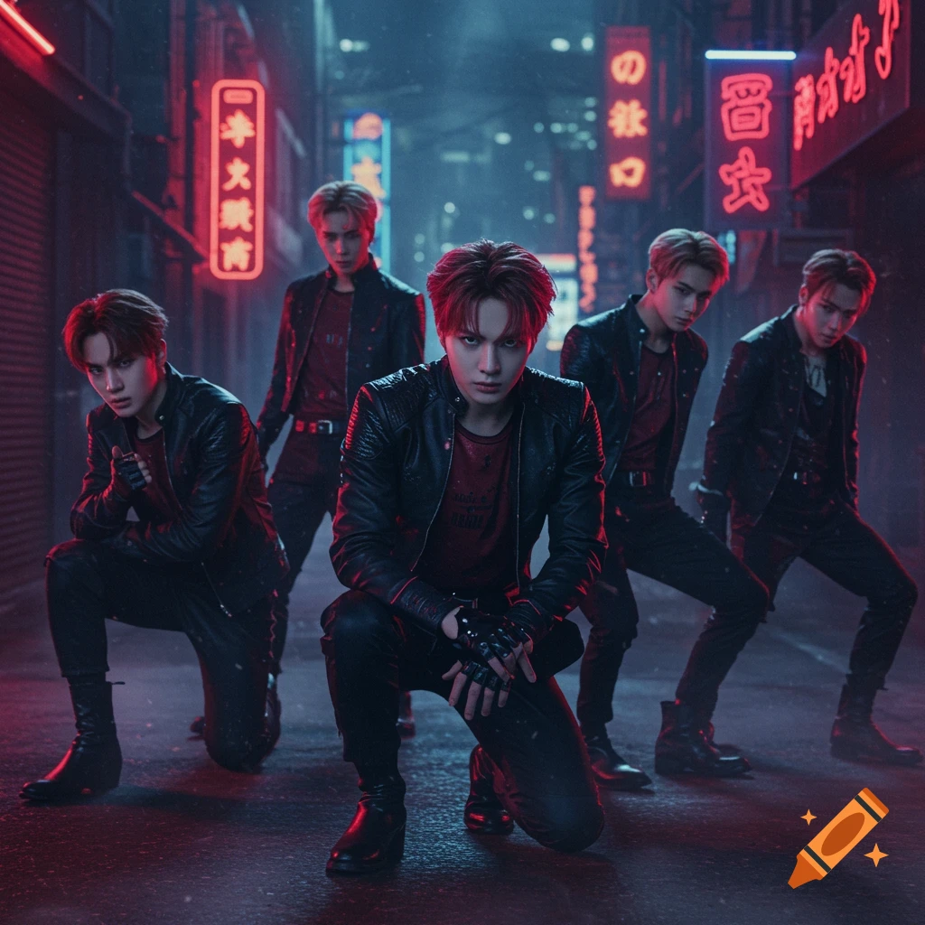 Five men in black and red outfits pose in a dark, neon-lit cyberpunk alley, like a K-pop group.