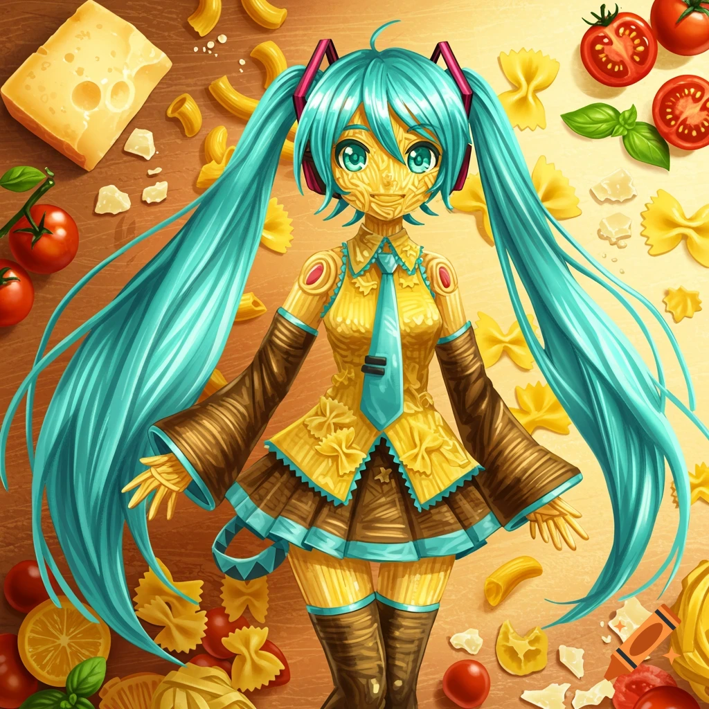 Anime-style Hatsune Miku made of pasta, surrounded by various dry pasta shapes, tomatoes, cheese, and basil on a wooden surface.