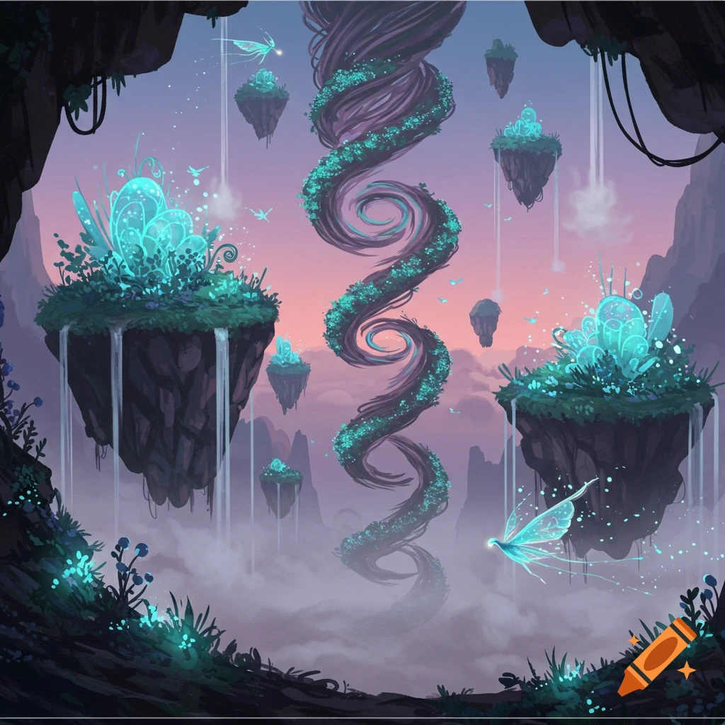 Vibrant fantasy landscape with glowing turquoise plants on floating islands, a twisted tree, and ethereal winged creatures.