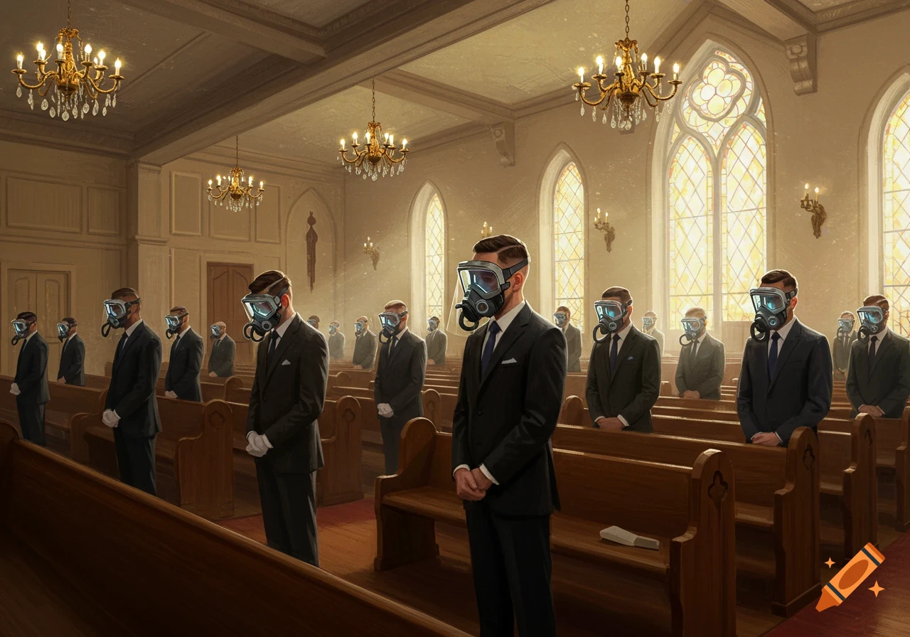 Men in dark suits and gas masks stand in rows of wooden pews inside a large church with chandeliers and stained-glass windows.