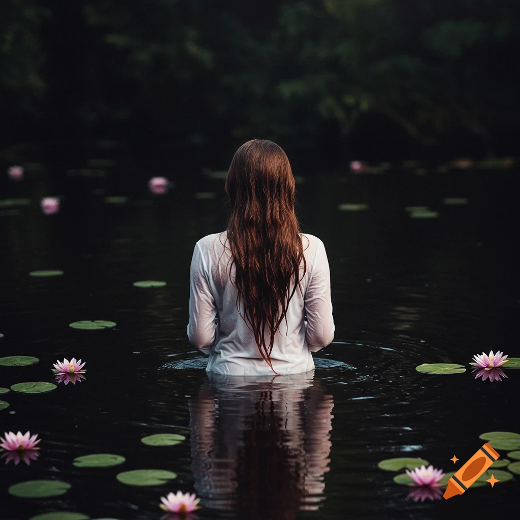 A woman with long wet brown hair stands in dark water, wearing a white wet shirt, surrounded by pink water lilies and lily pads. Photorealistic style.
