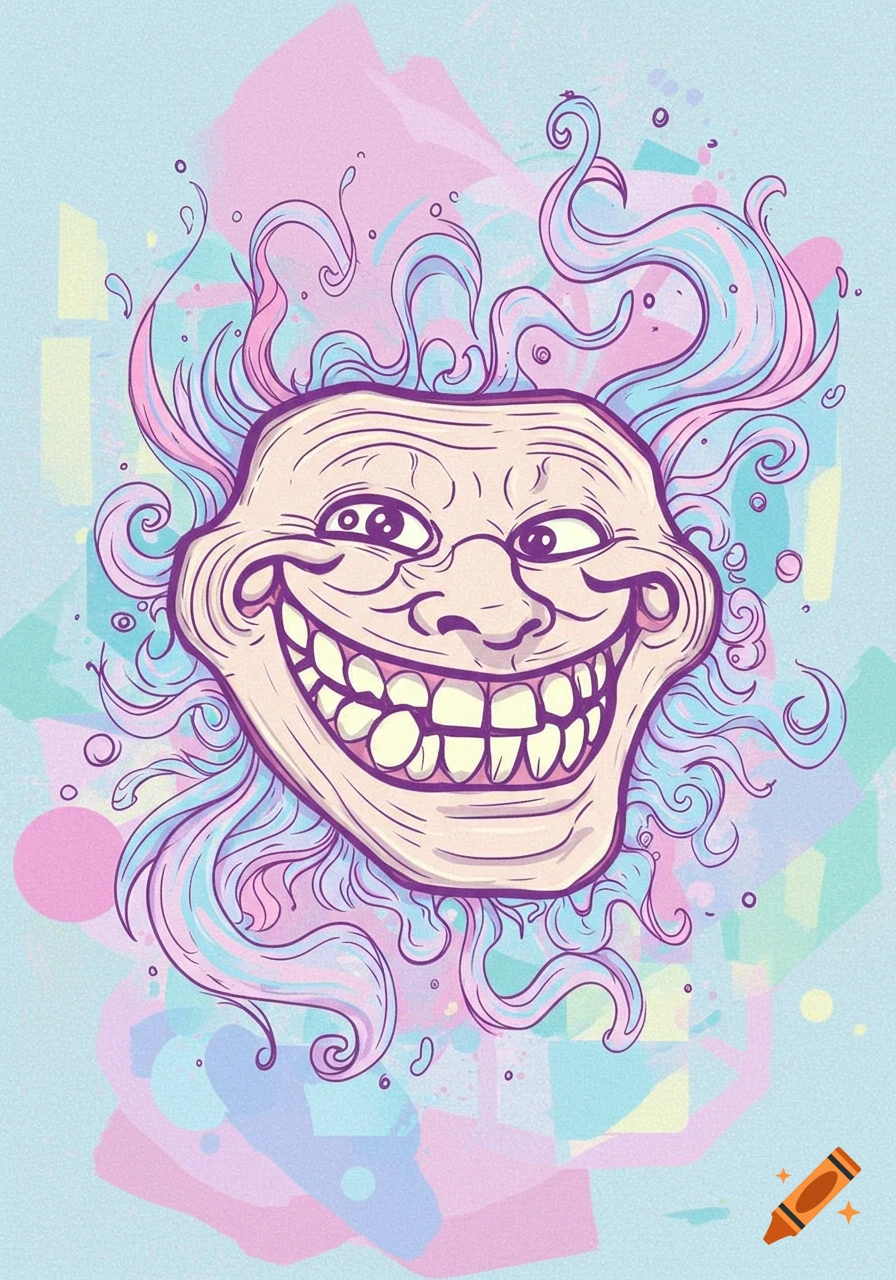 Stylized illustration of the Trollface meme with a wide grin, surrounded by pastel pink and blue abstract swirls and shapes on a light blue background.