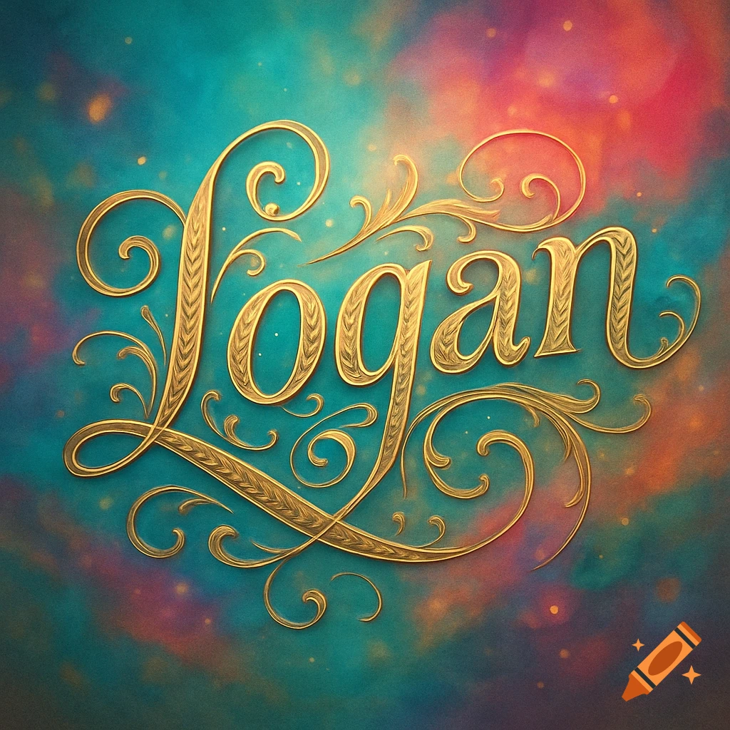 Ornate golden script spelling "Logan" with intricate flourishes against a vibrant, painterly background of blues, pinks, and purples with subtle specks.