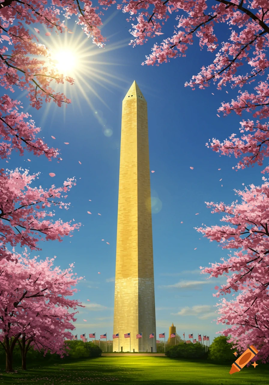 Digital painting of the golden Washington Monument framed by vibrant pink cherry blossoms under a bright blue sky with a shining sun.