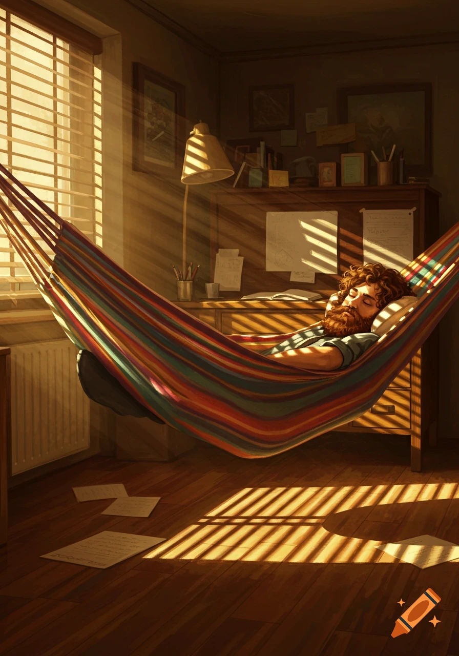 A bearded man sleeps in a colorful hammock in a sunlit room with blinds, digital art style.