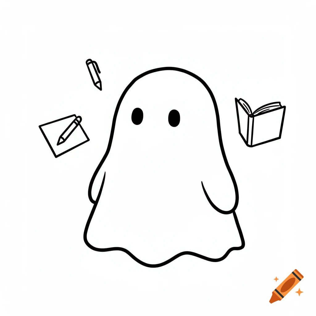 A cute, simple, black and white line art ghost floats between a pen, paper, and an open book.