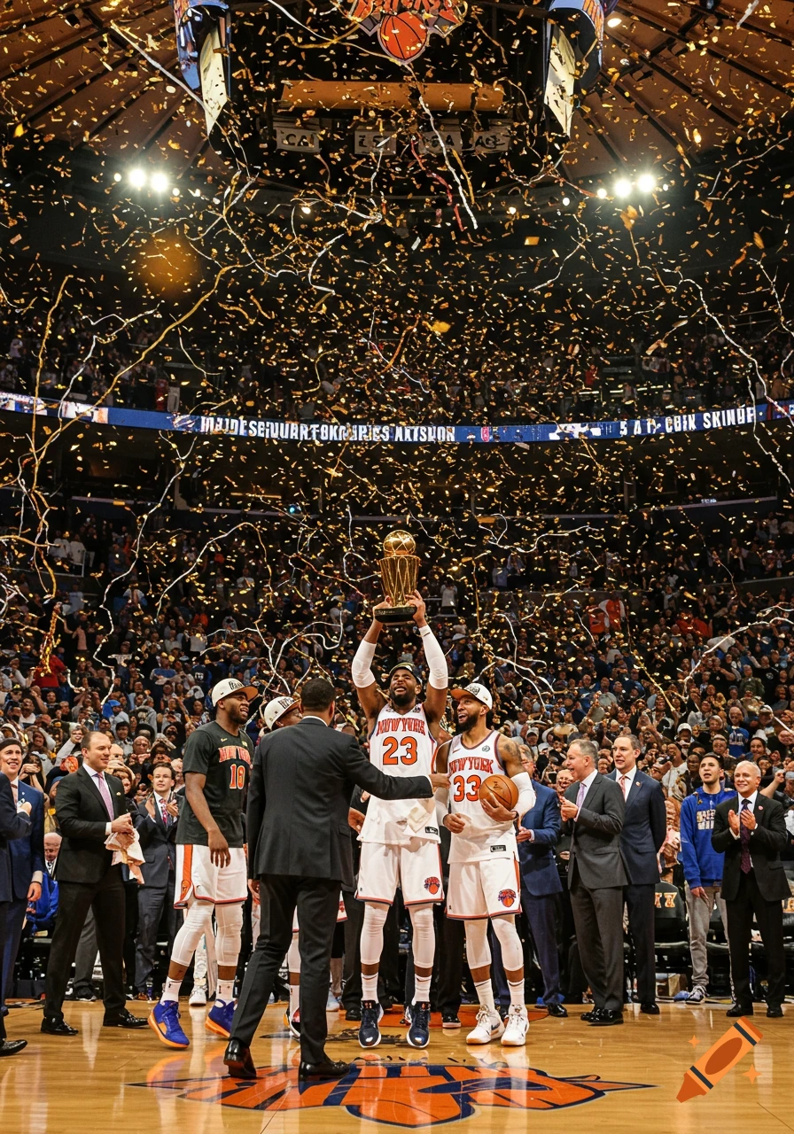 Basketball players celebrate winning a championship on court with a trophy, surrounded by confetti and cheering fans.