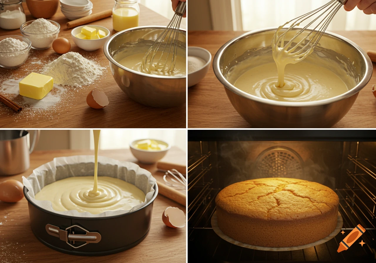 Photorealistic four-step process showing cake baking, from ingredients to mixing batter, pouring into a pan, and a golden baked cake in the oven.