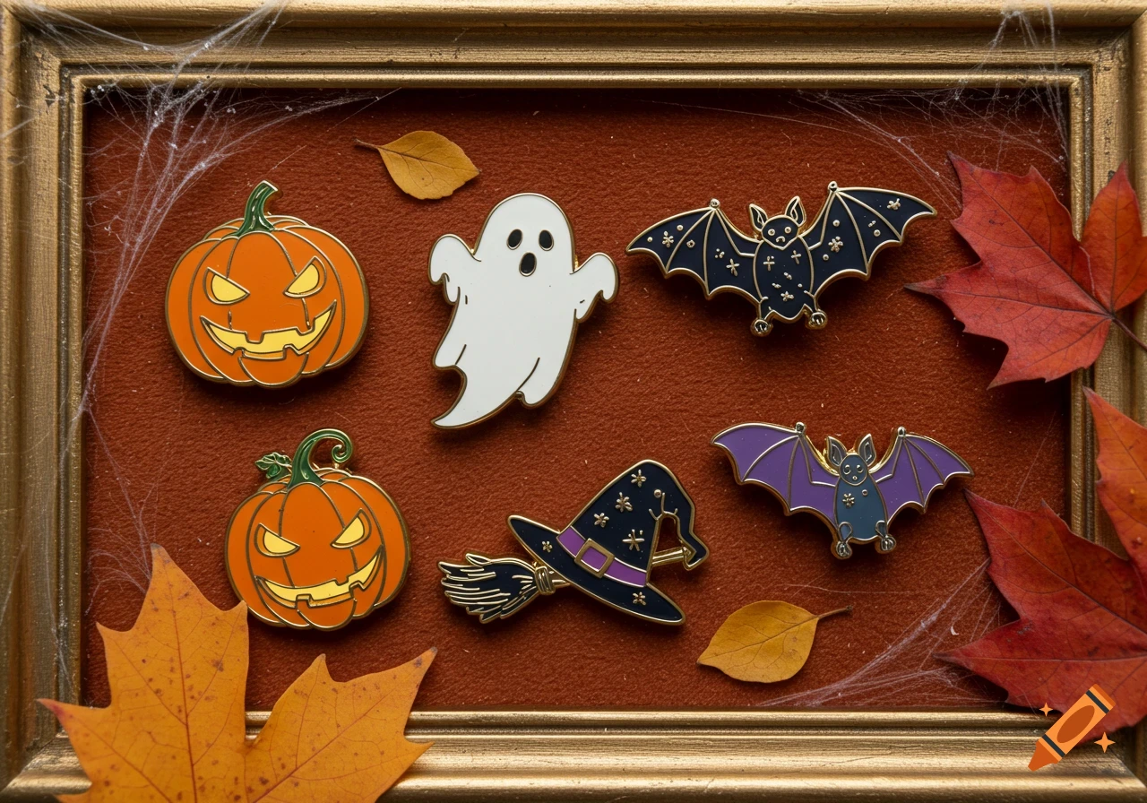Halloween enamel pins featuring jack-o'-lanterns, a ghost, bats, a witch's hat, and broom, arranged in a frame with cobwebs and autumn leaves.