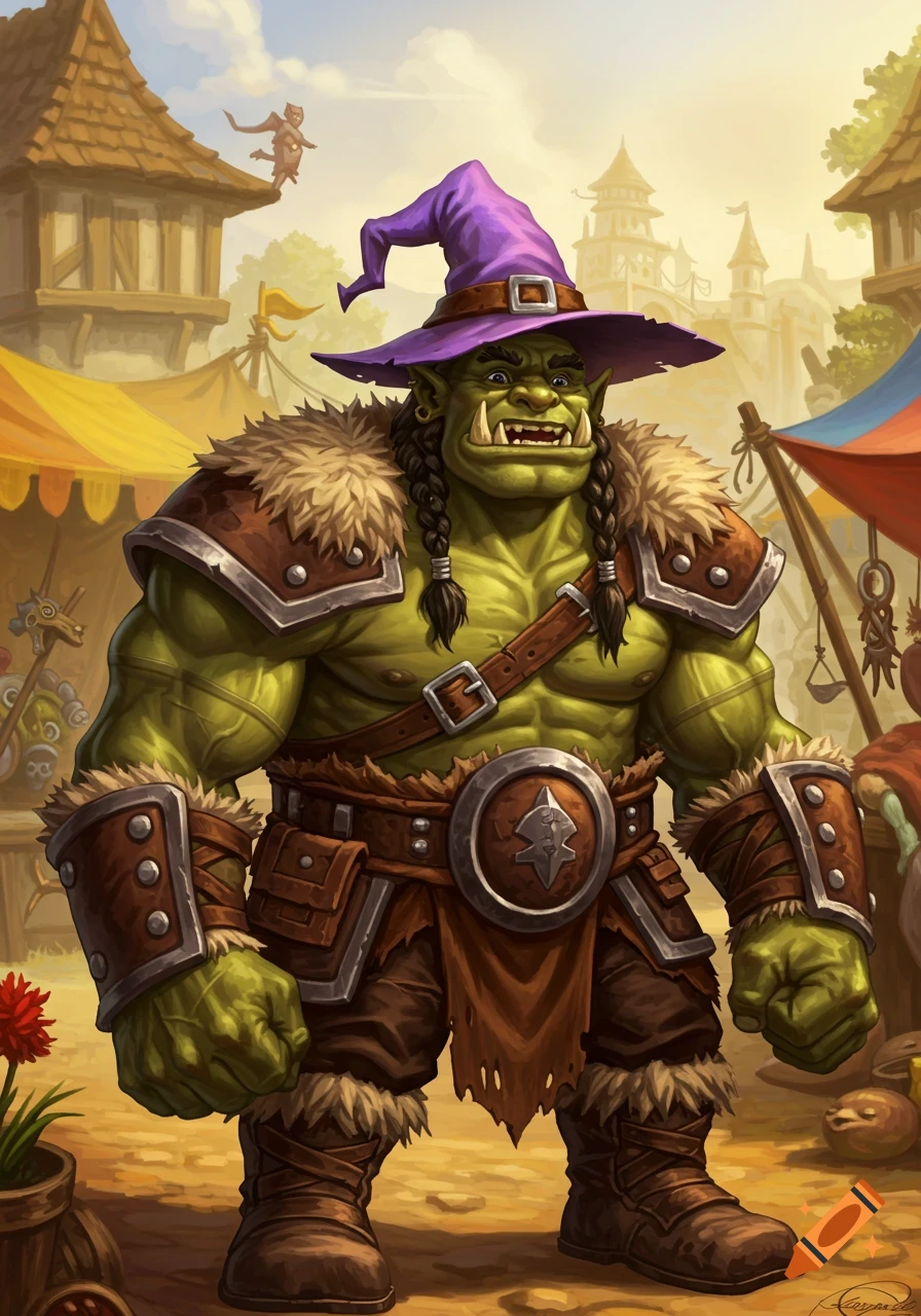 A muscular green orc in barbarian armor and a tiny purple wizard hat stands in a detailed fantasy market.