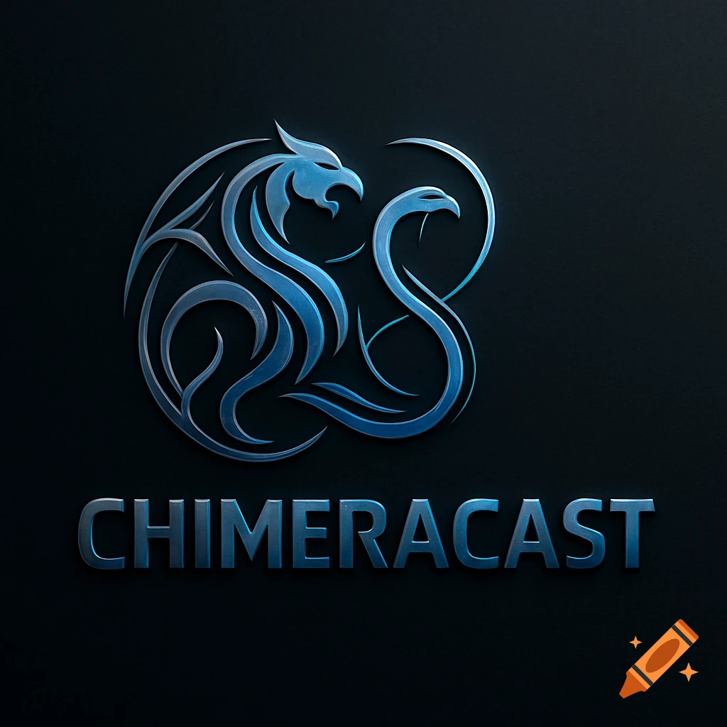 Blue metallic logo of a stylized griffin-like creature and a snake intertwined, with the text 'CHIMERACAST' below, on a dark background.