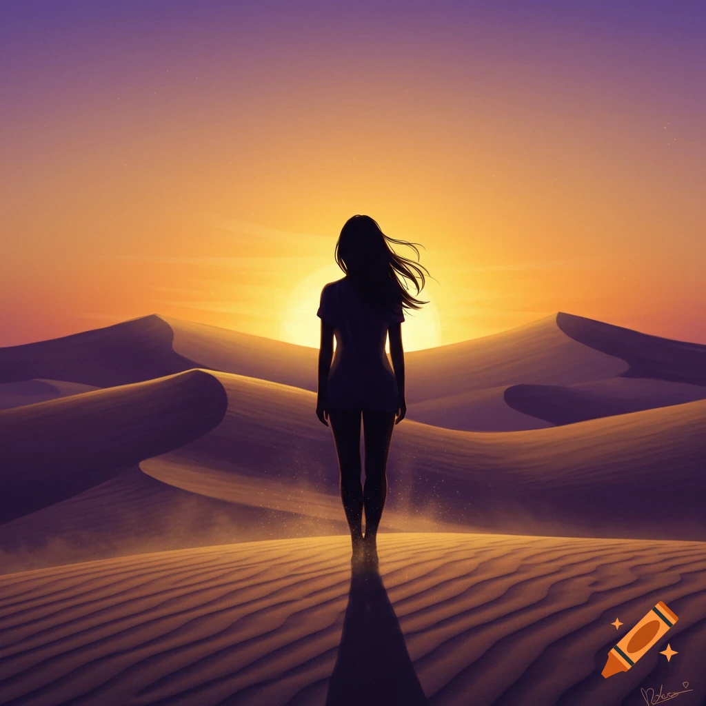 Silhouette of a woman standing in a desert at sunset, looking over sand dunes with warm orange and purple sky.