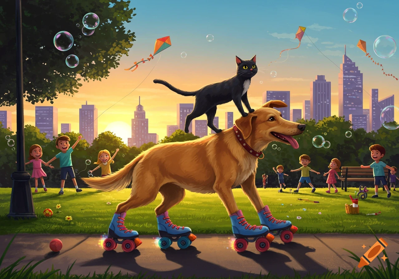 Animated illustration of a roller-skating dog with a cat on its head in a park with playing children and a city at sunset.