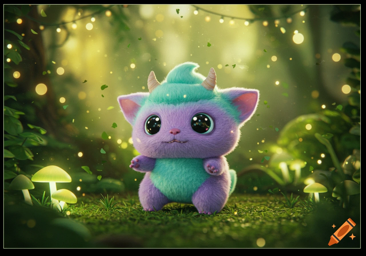 A fluffy, purple and teal baby fantasy creature with big eyes and horns stands in a magical forest with glowing mushrooms and sparkling lights.