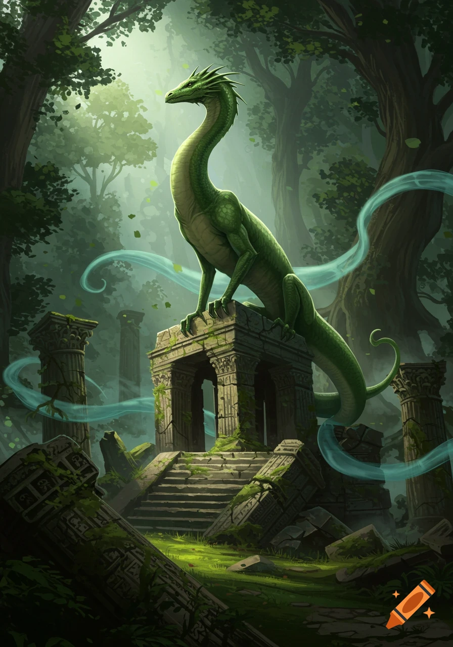 A massive green dragon perches on moss-covered ancient ruins in a misty forest, fantasy art.