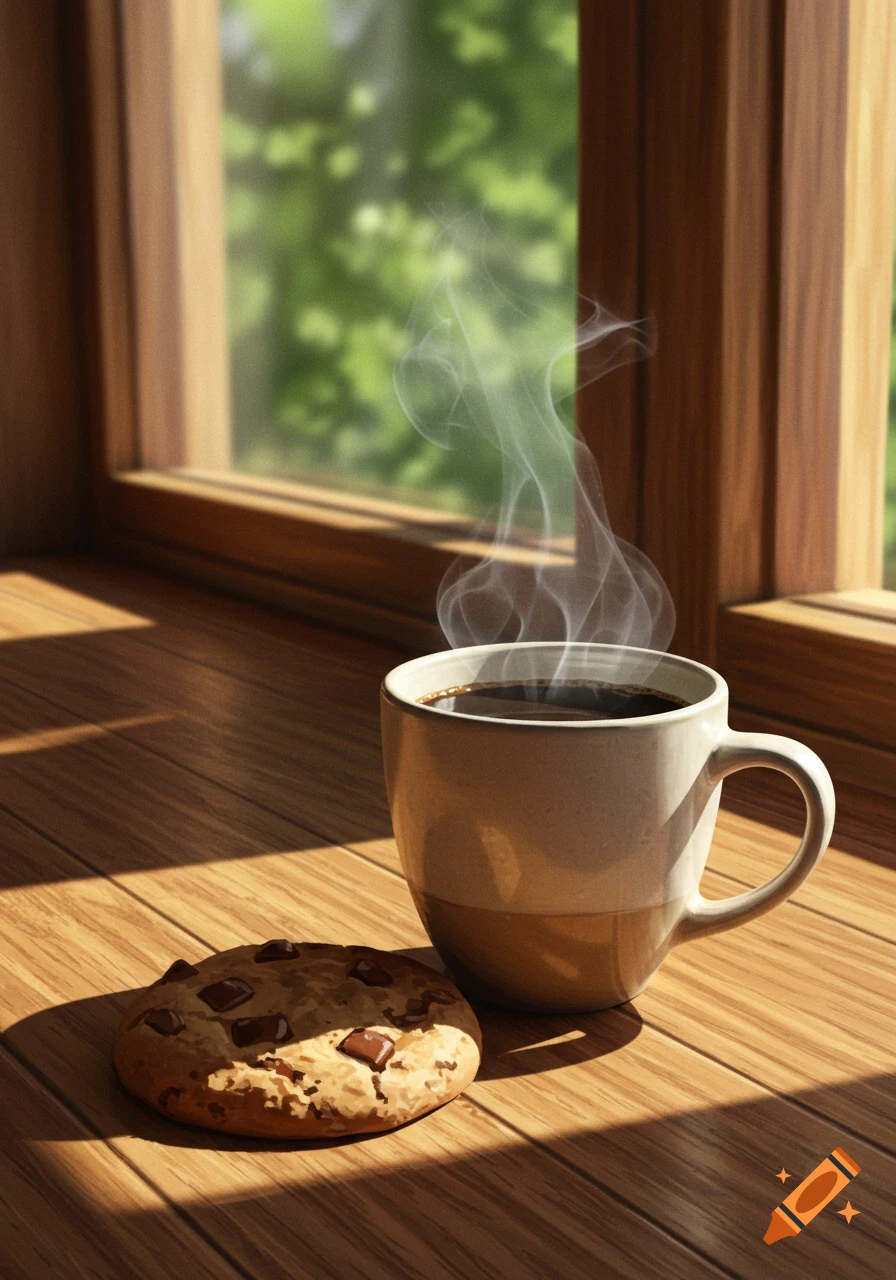 A steaming cup of coffee and a chocolate chip cookie sit on a sunlit wooden surface next to a window with a blurry green view.