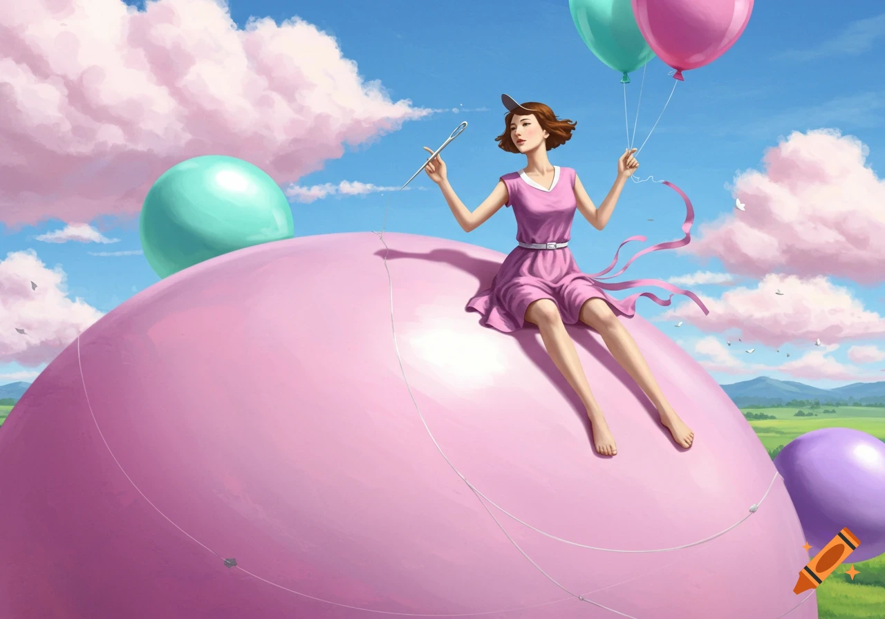 Woman in a pink dress sits on a giant pink balloon, holding a needle and two floating balloons, against a dreamy sky with pink clouds.