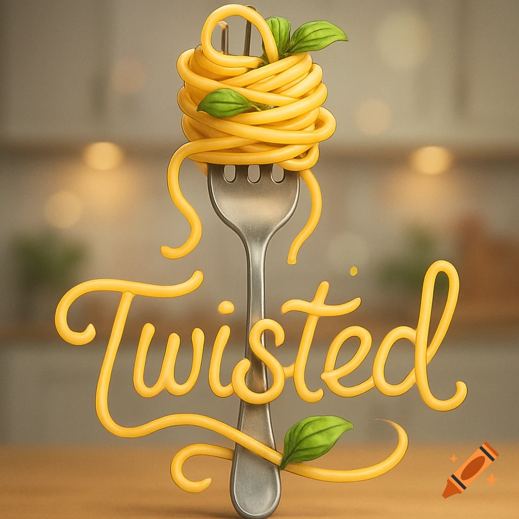 A fork with pasta wrapped around it and spelling 'Twisted' below, with basil leaves, against a blurred kitchen background.
