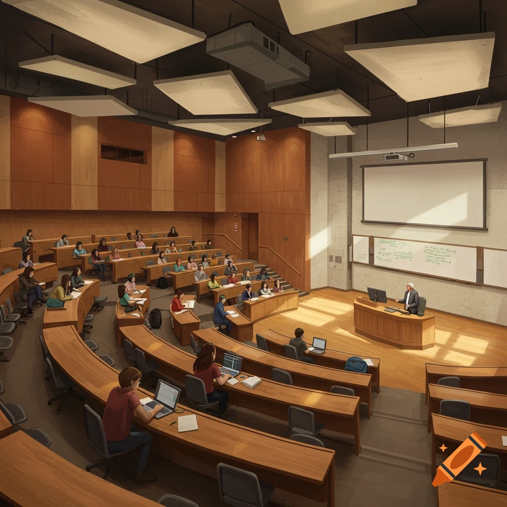 An overhead view of a large, modern university lecture hall with rows of students and a professor at the front.