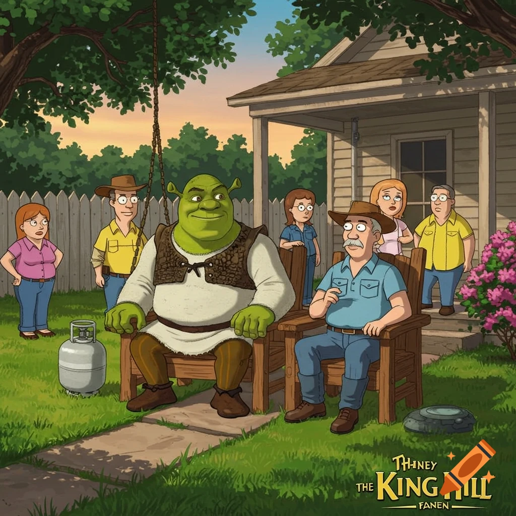 Shrek sits in a backyard with Hank Hill's family and friends from King of the Hill in a cartoon style.