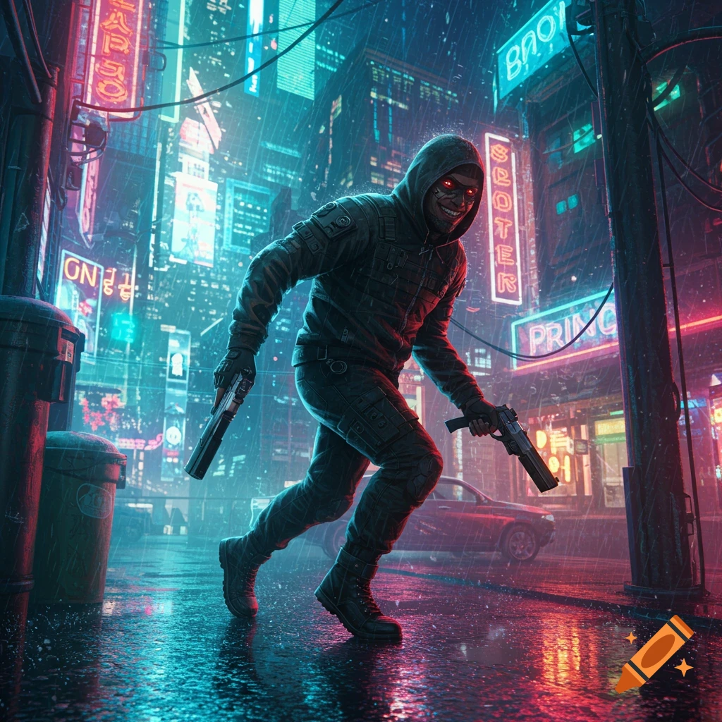 A hooded figure with glowing red eyes and a mischievous smile holds two pistols in a rainy cyberpunk city street with neon signs.
