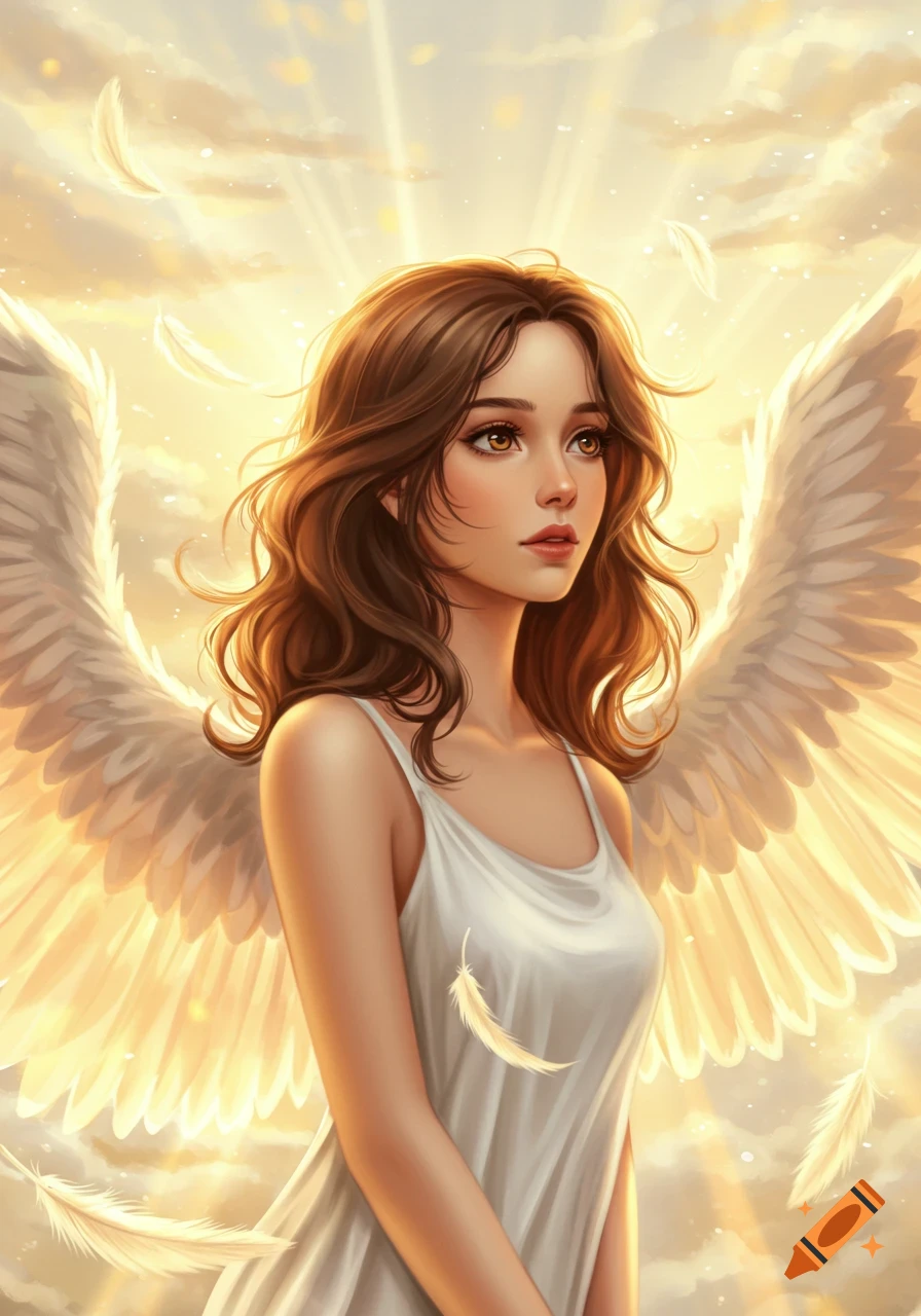 A young woman with long brown hair and angel wings, wearing a white dress, looks up into golden light with floating feathers.