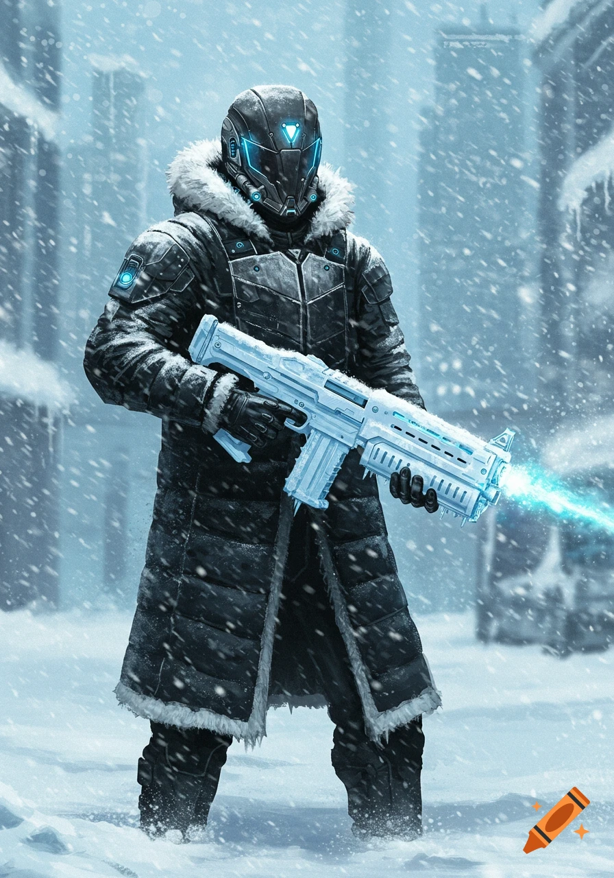 A futuristic soldier in a black parka with a glowing blue ice-raygun stands in a snowy, blurred city.