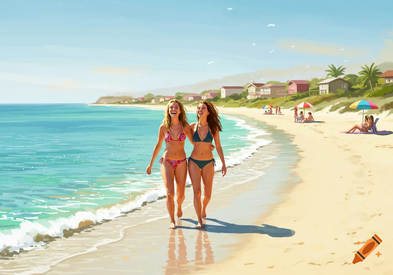 Two smiling women in bikinis walk along a sunny beach with the ocean waves beside them, in an illustrated style.
