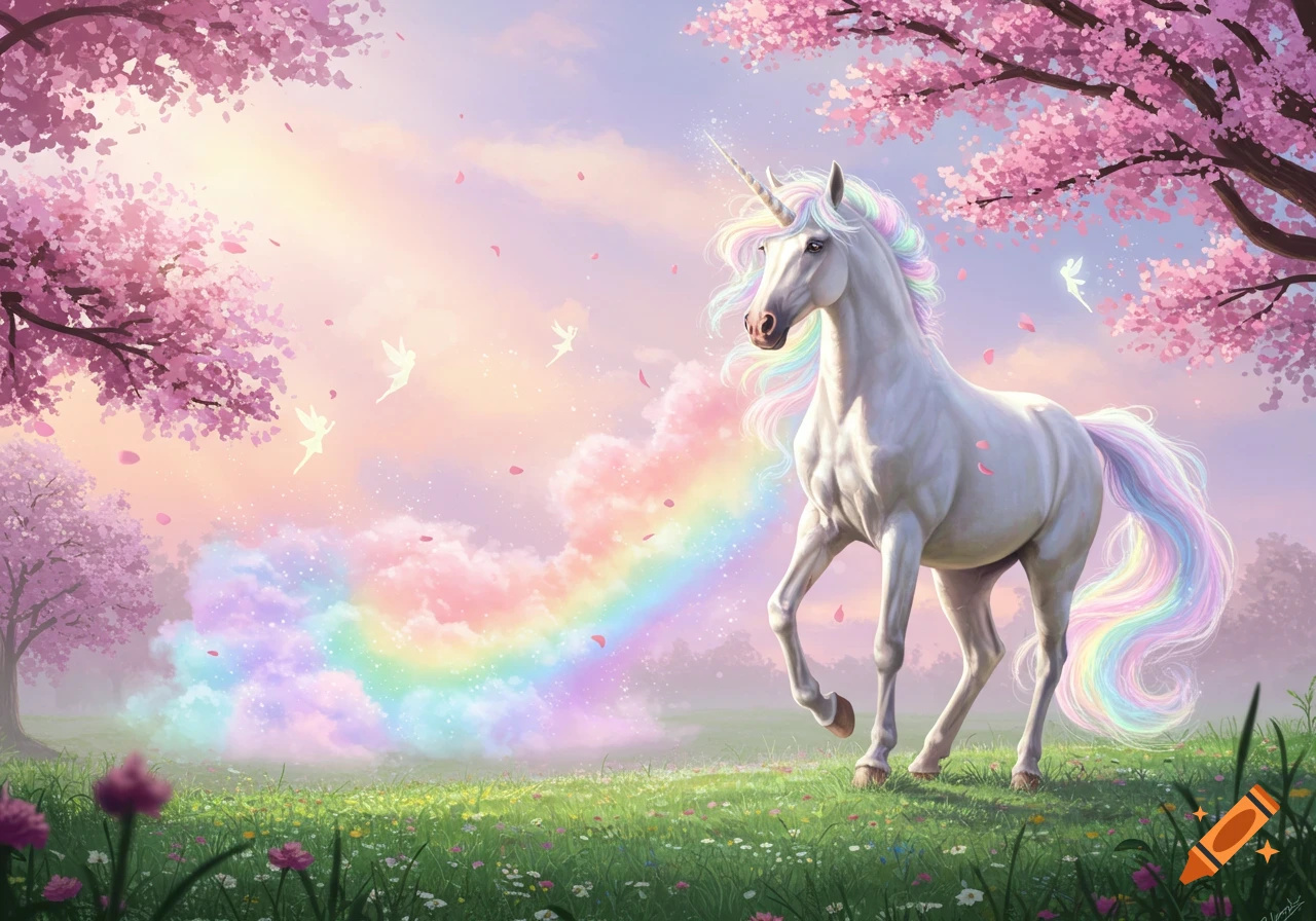 A white unicorn with a rainbow mane and tail trots in a pink cherry blossom meadow with a pastel rainbow and glowing fairies.