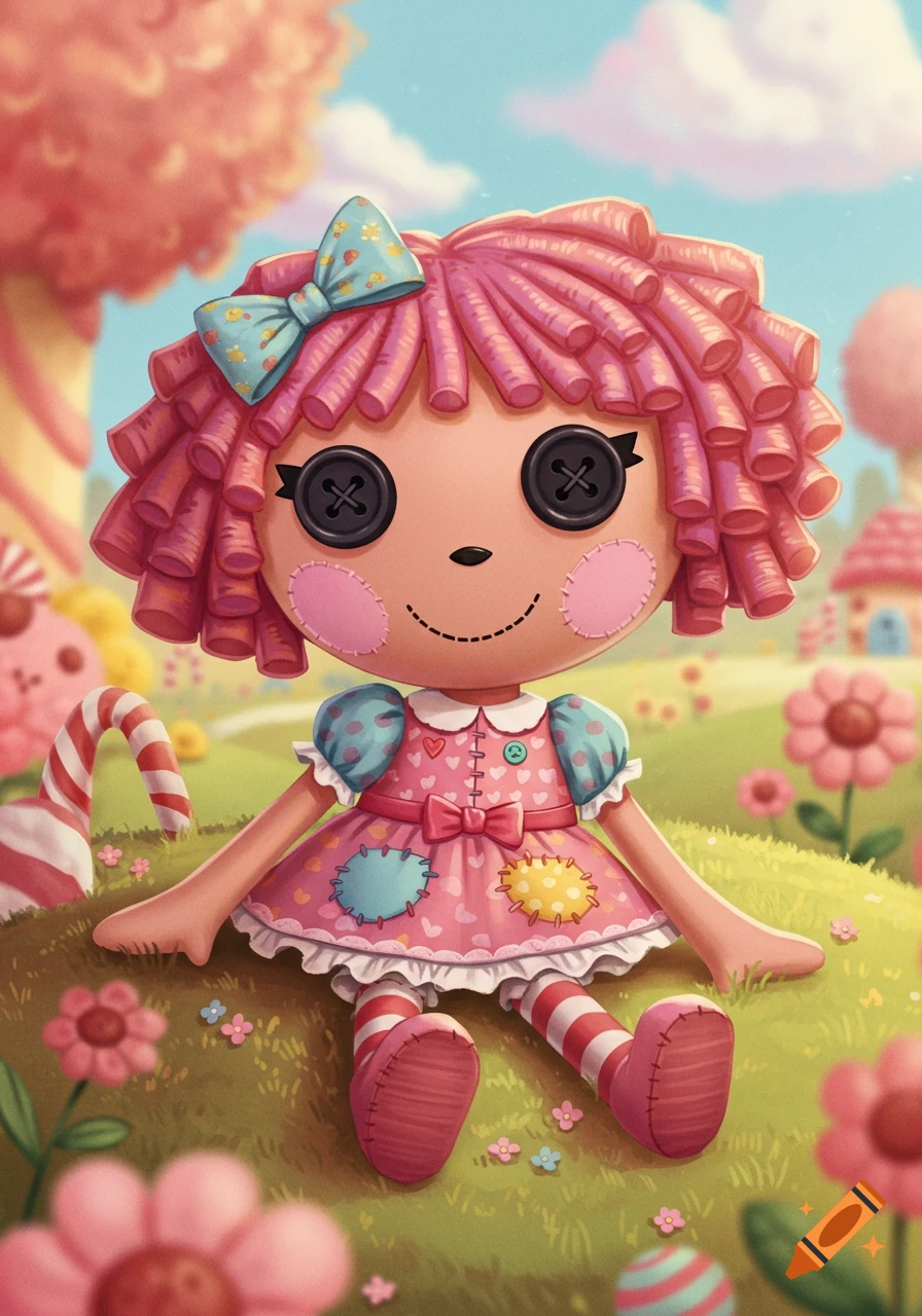 A cute Lalaloopsy-style rag doll with pink curly hair, button eyes, and a patched dress sits in a vibrant, whimsical candy land.
