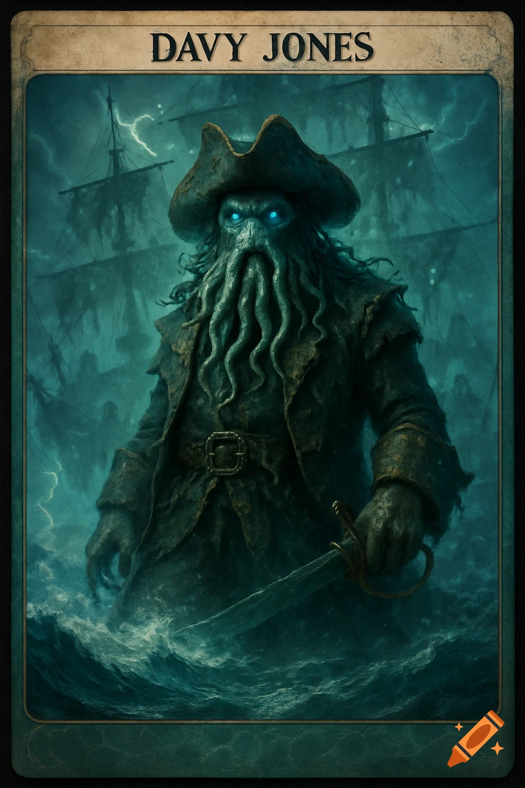 Fantasy trading card art of Davy Jones, a monstrous pirate with tentacles and glowing eyes, standing in stormy seas with ghostly ships behind him.