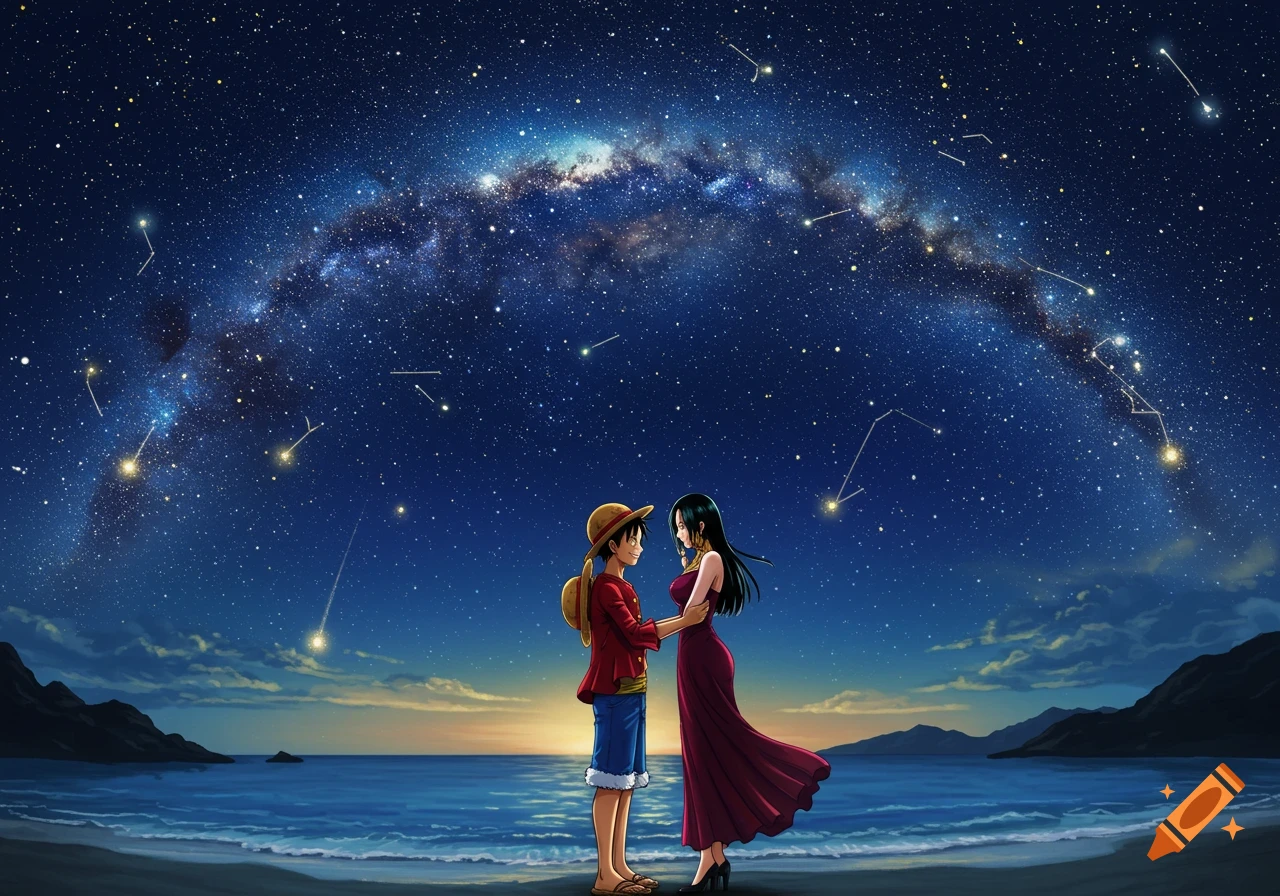 Anime characters Luffy and Hancock hold hands on a beach at night under a beautiful, star-filled sky with the Milky Way.