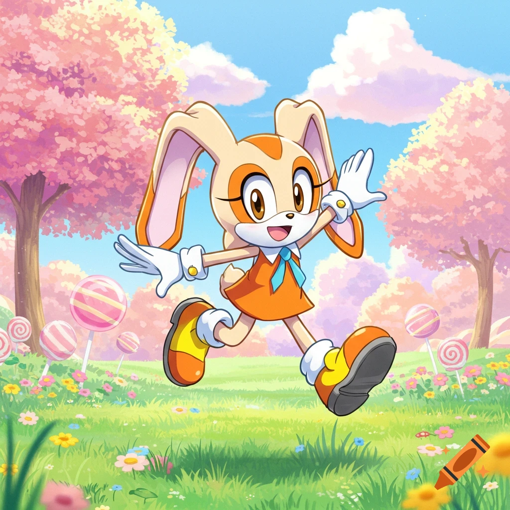 Cream the Rabbit from Sonic, happily running through a whimsical field with pink trees and lollipops in anime style.
