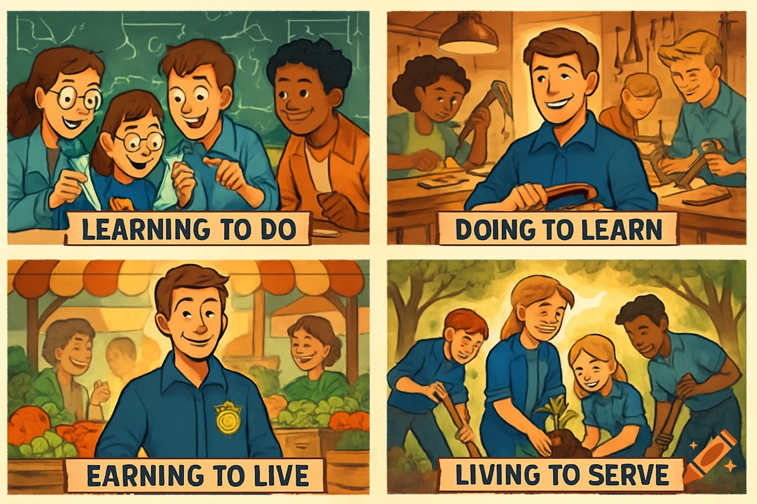 Cartoon comic strip with four panels: people learning, working, selling goods, and planting a tree, illustrating the motto 'Learning to Do, Doing to Learn, Earning to Live, Living to Serve'.