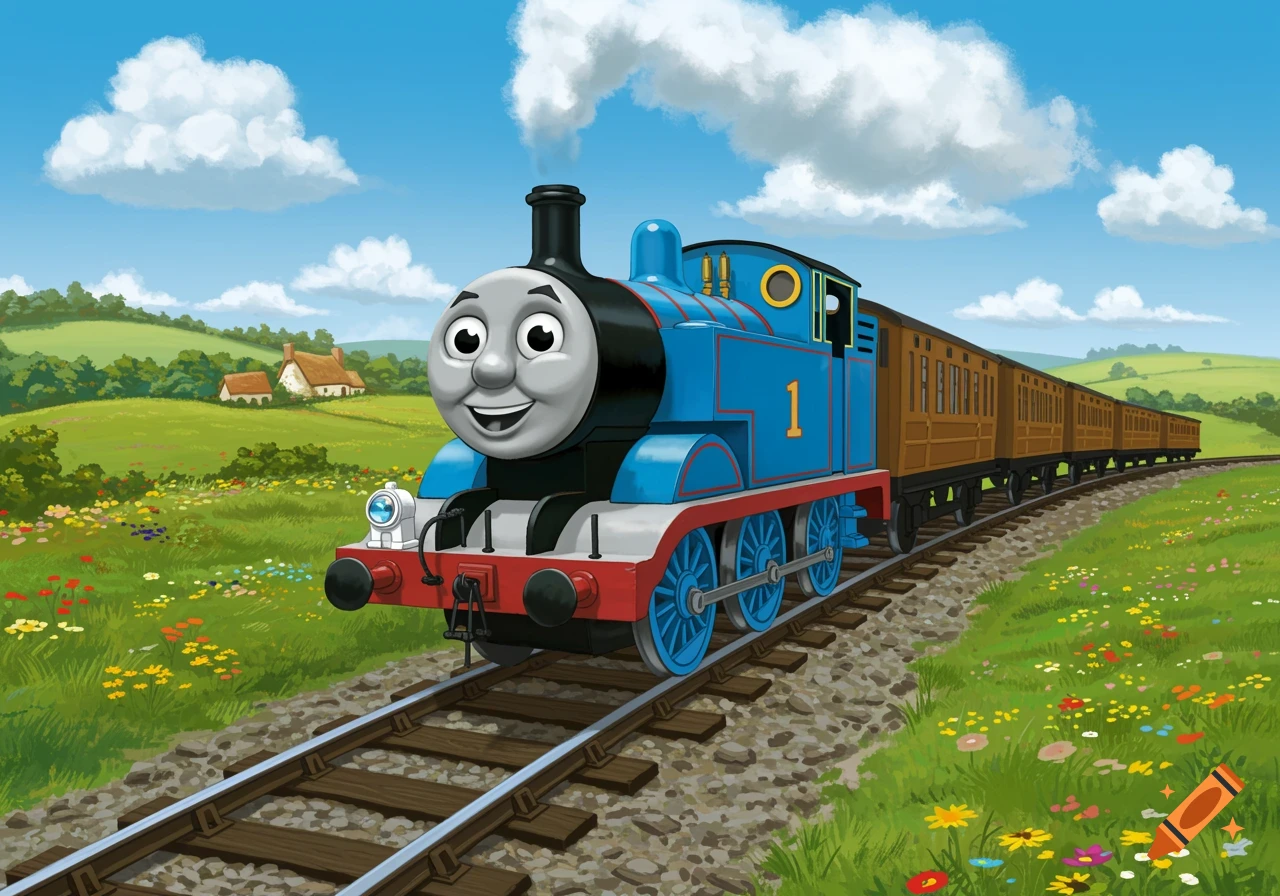 Thomas the Tank Engine smiling and pulling brown carriages along a track through a green, flowery field under a blue sky.