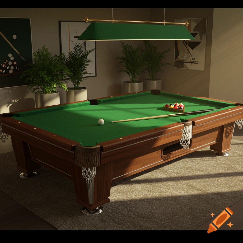 Photorealistic image of a detailed wooden pool table with green felt, cue stick, and racked balls in a sunlit room.