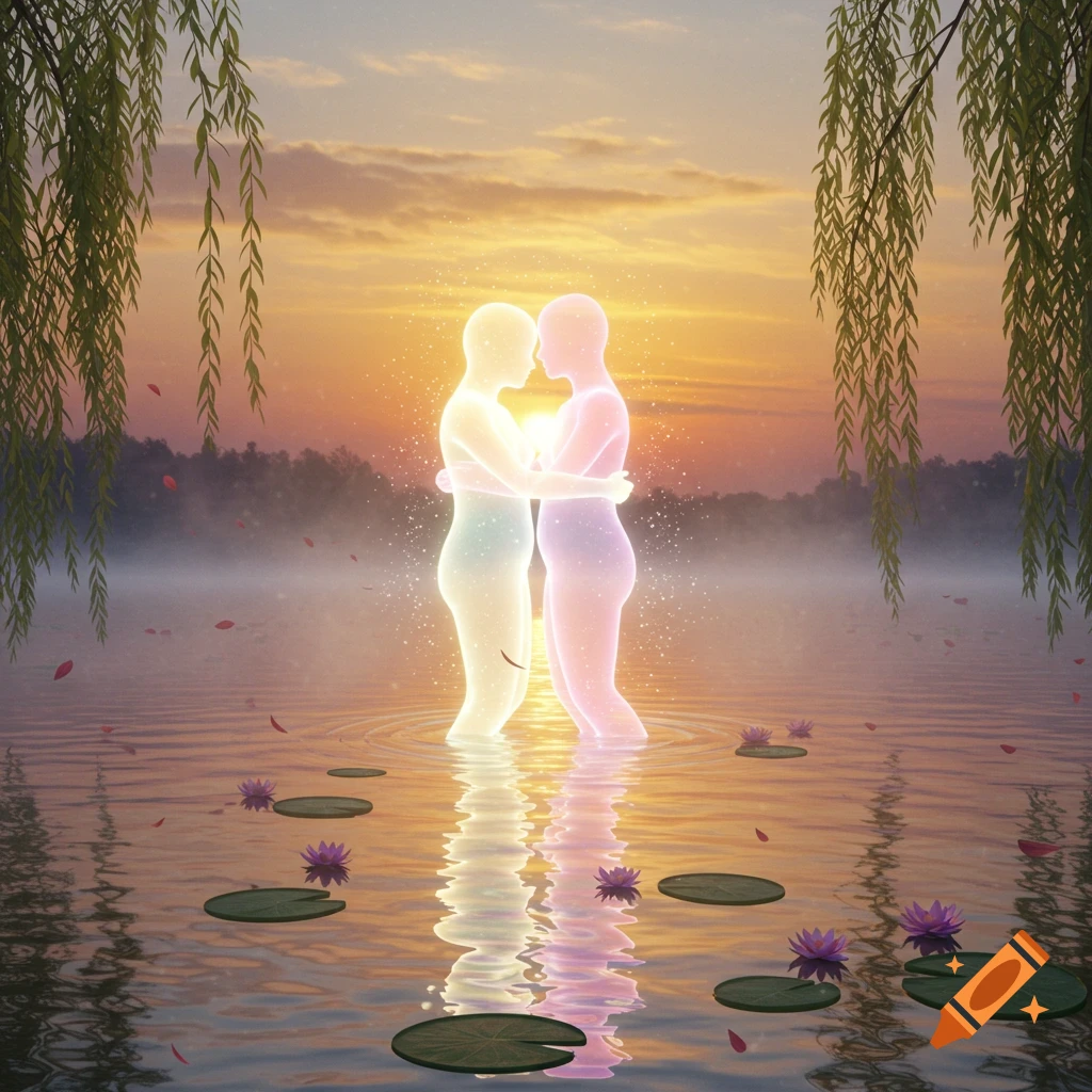 Two glowing, ethereal figures embrace in a tranquil lake with water lilies, under a vibrant sunset sky and hanging willow branches.