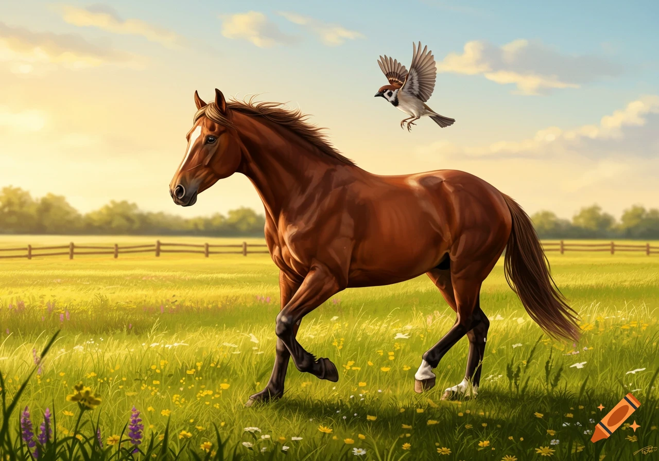 A brown horse with a white blaze gallops through a sunlit grassy field with wildflowers, as a small sparrow flies overhead. Digital art.