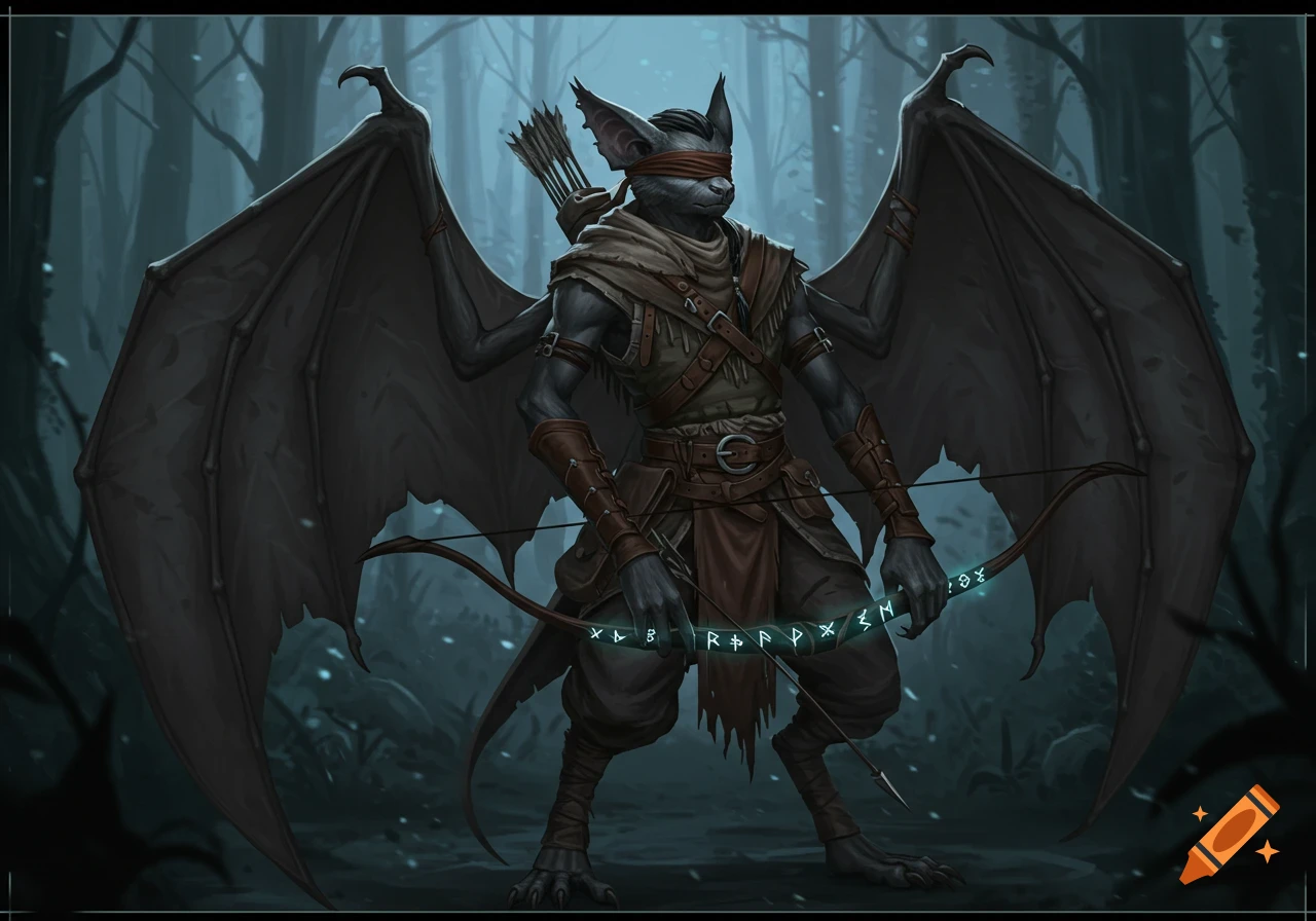 A blindfolded, dark-furred bat-person archer with large wings and glowing runes on their bow stands in a dark forest.
