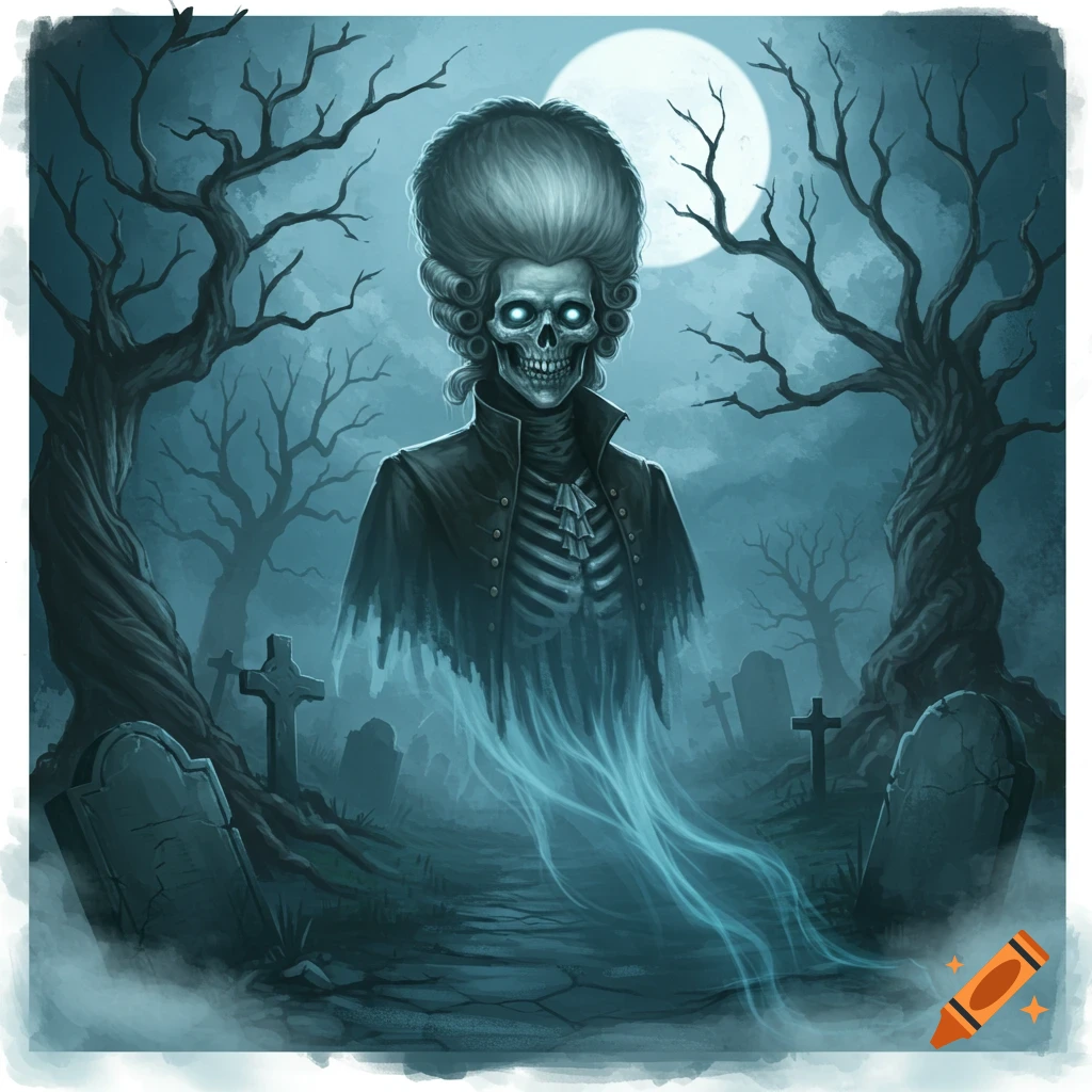 A spooky illustration of a glowing-eyed skeletal ghost with a powdered wig and black coat, rising from a misty graveyard under a full moon.