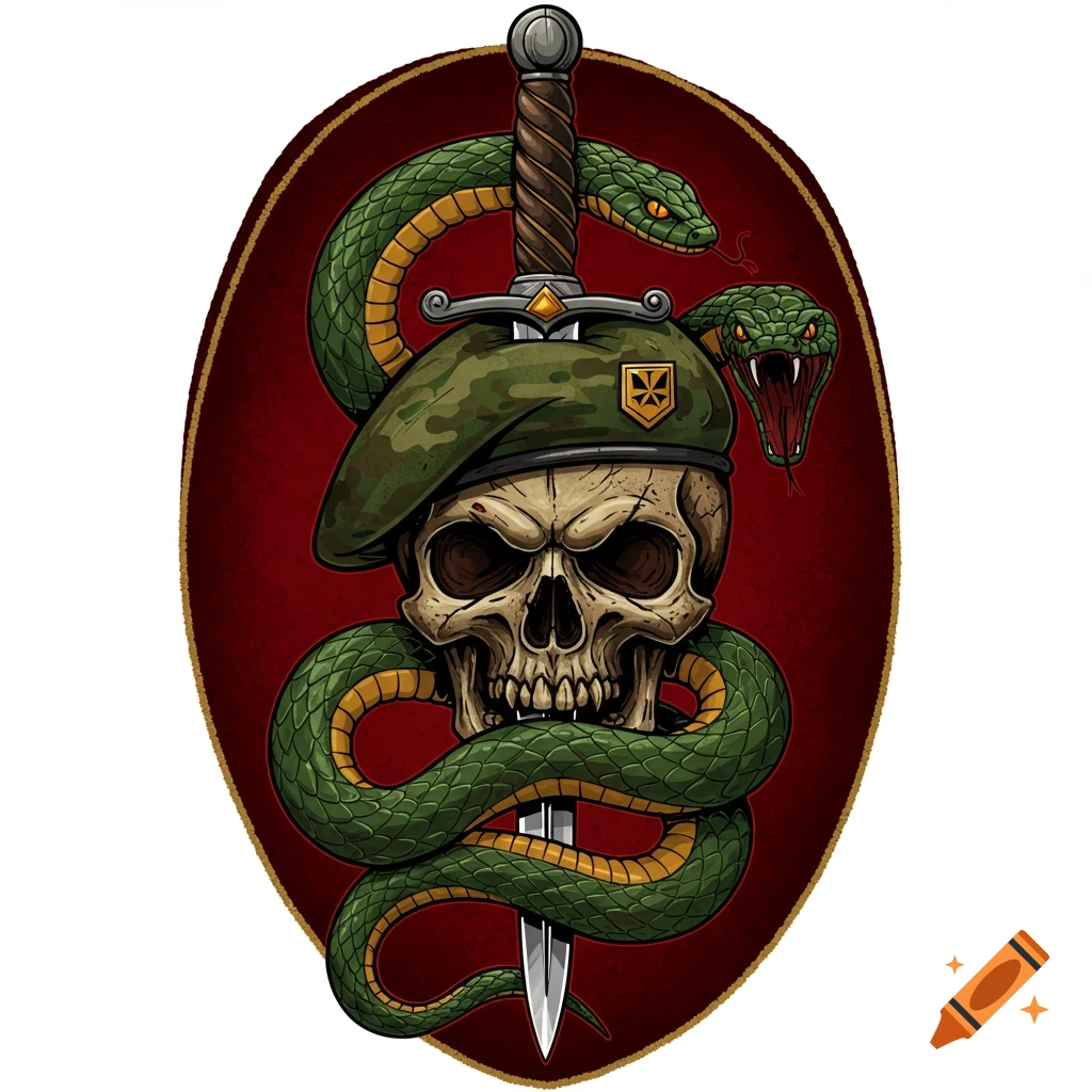 A stylized military patch featuring a skull wearing a camouflage beret with a gold insignia, pierced by a silver sword, all coiled by a green snake with yellow markings, against a dark red oval background.