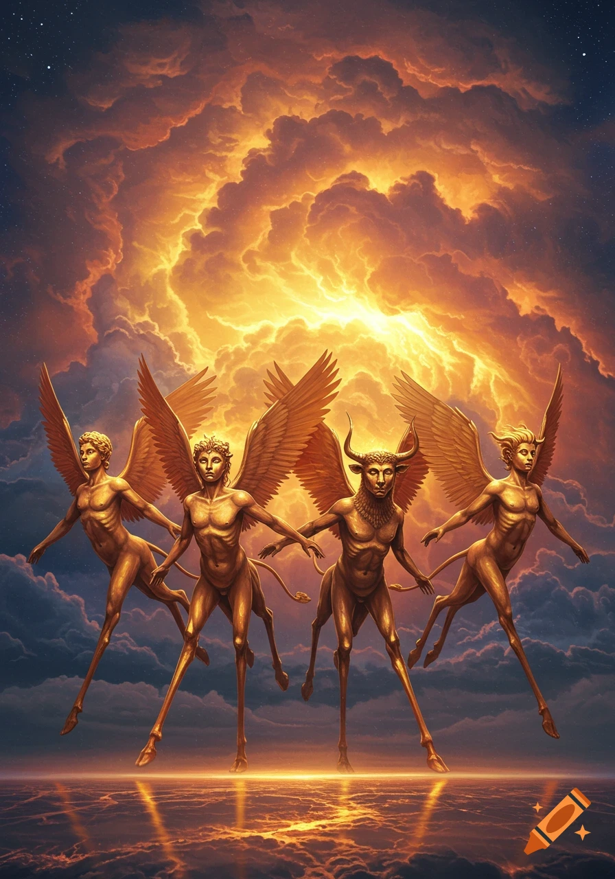 Four golden, winged, humanoid-animal creatures with calf-like feet stand on a reflective surface under a fiery, stormy sky.