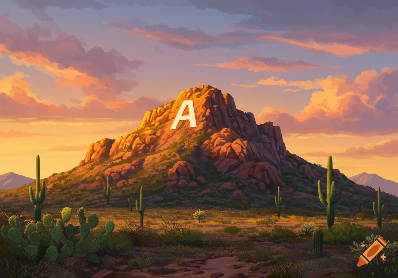 A stylized desert landscape at sunset, featuring a prominent mountain with a large white letter 'A' on its side, surrounded by saguaro cacti.